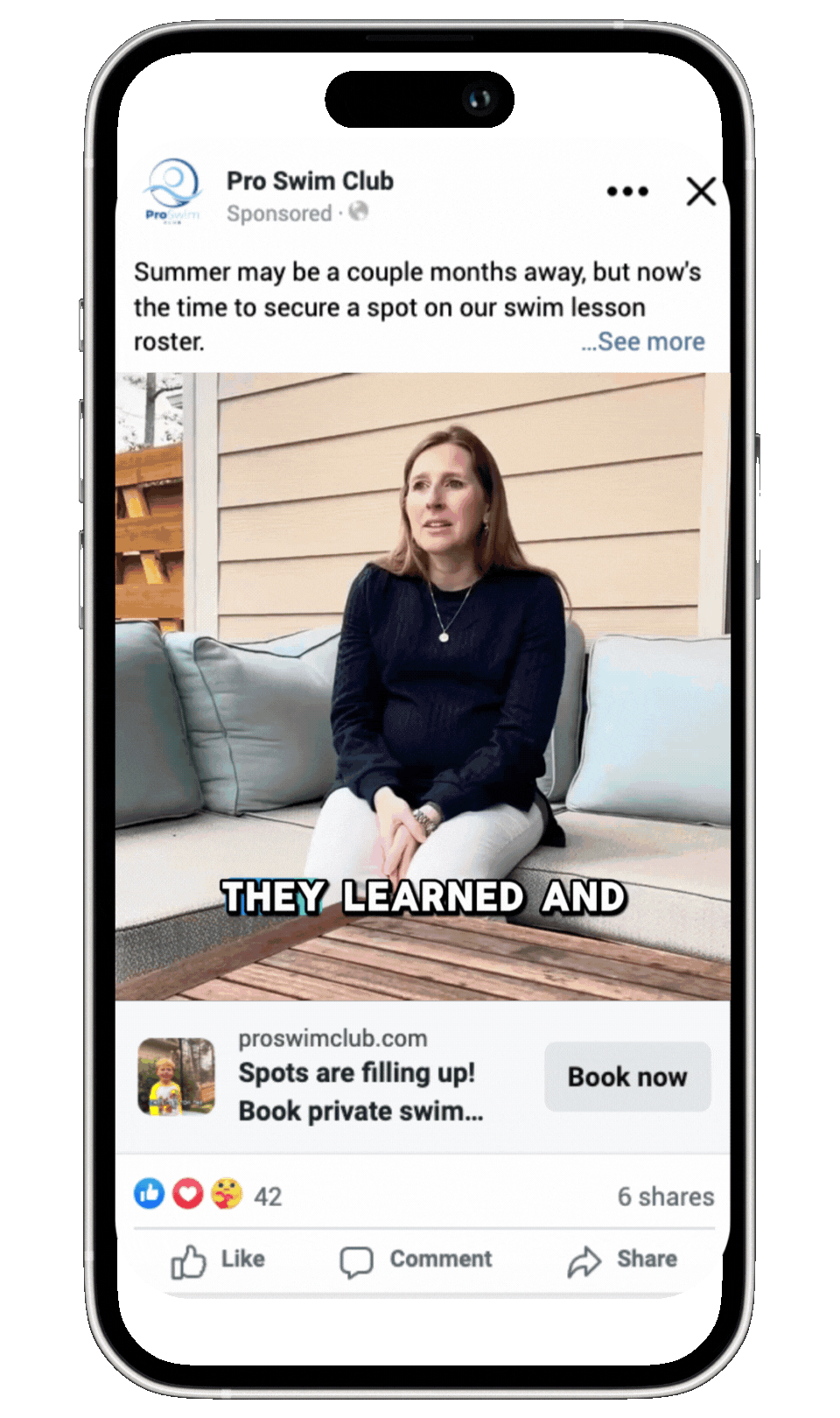 Animated gif of a Meta ad for Pro Swim Club, featuring clips of children swimming and a woman giving a testimonial.