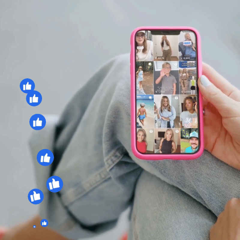 Animated gif of someone scrolling the social media feed of B.Turner's PTC on their iPhone while animated "like" symbols scroll upward.