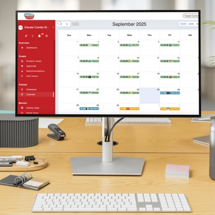 Screenshot of Country Fried Creative's social media scheduling software on a desktop computer in an office setting. The screen shows a calendar with posts on different days.