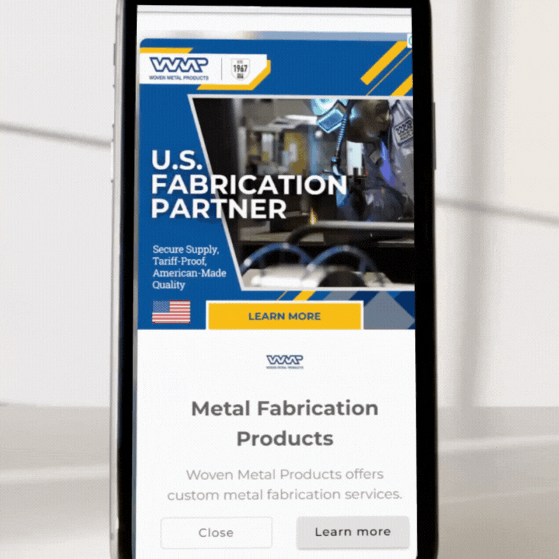 animated gif of an iphone displaying a Google PMAX display ad for Woven Metal Products.