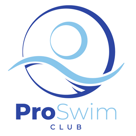 Logo for Pro Swim Club, it features an abstract person swimming in a circle. 2 shades of blue.