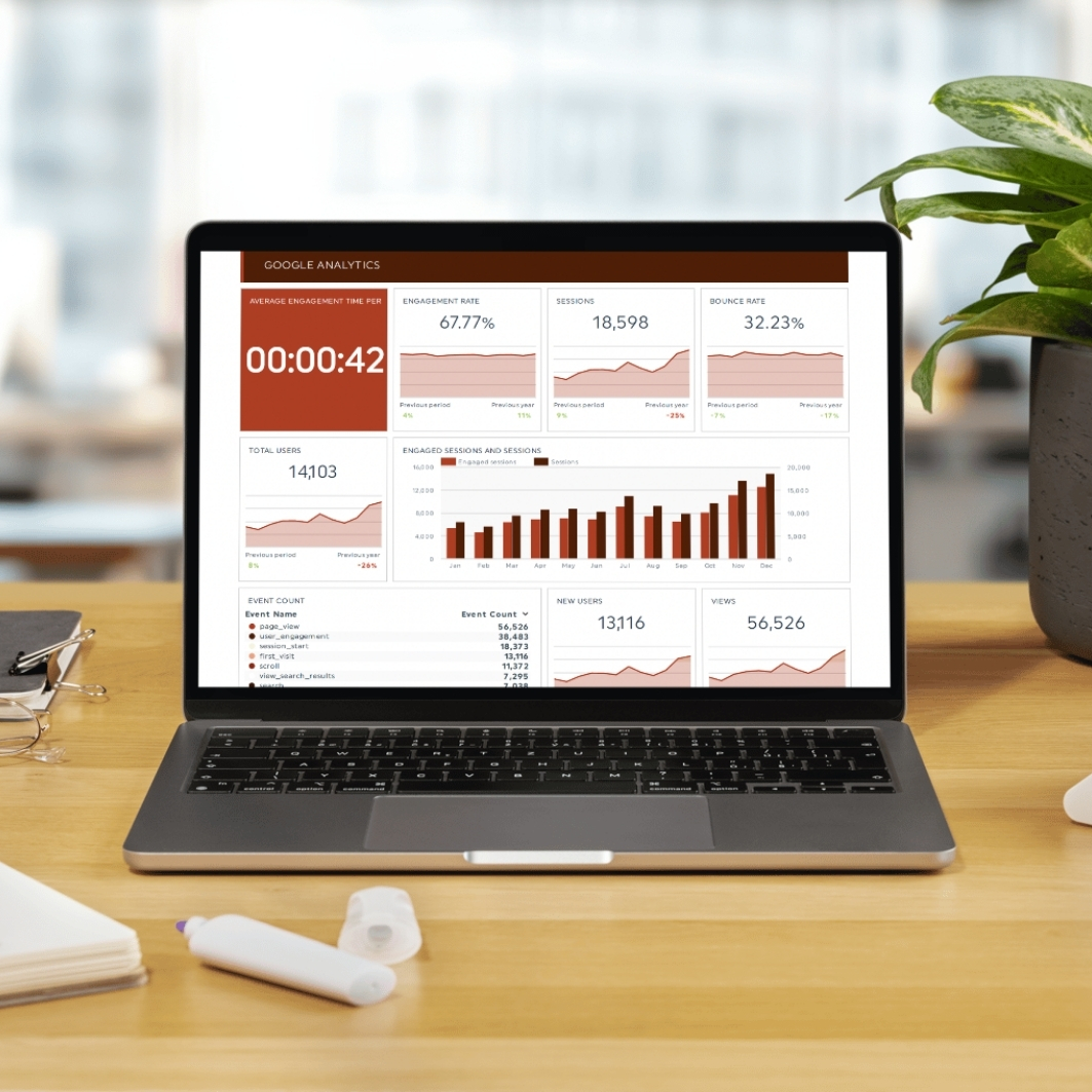 Laptop on a desk showing a digital marketing dashboard with real-time data charts and analytics insights.