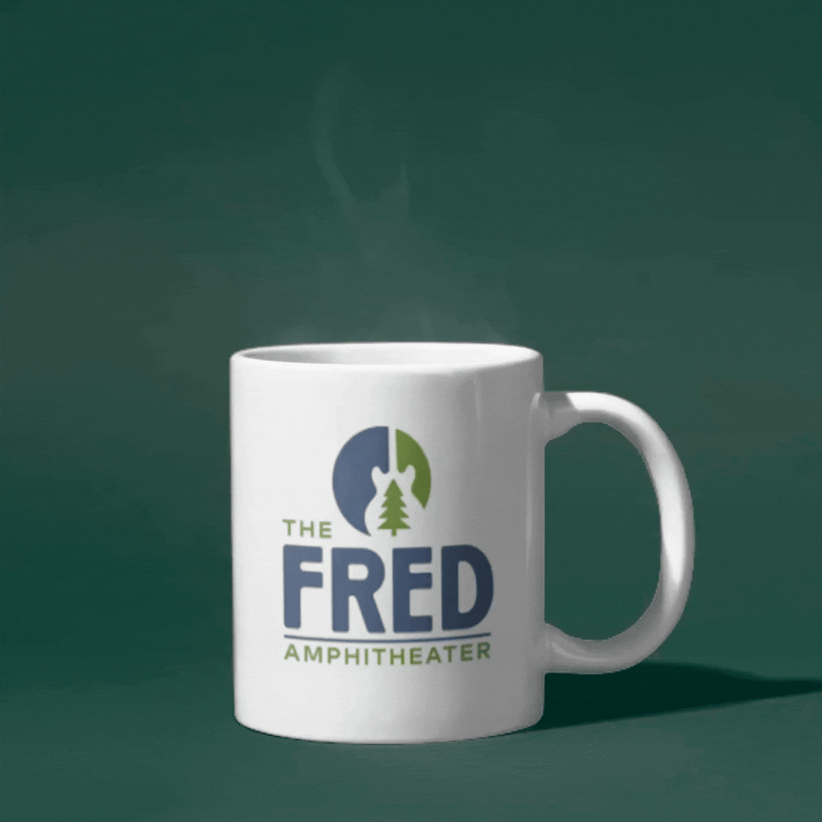 Animated gif of a white mug with steam coming out of it featuring The Fred Amphitheater logo.
