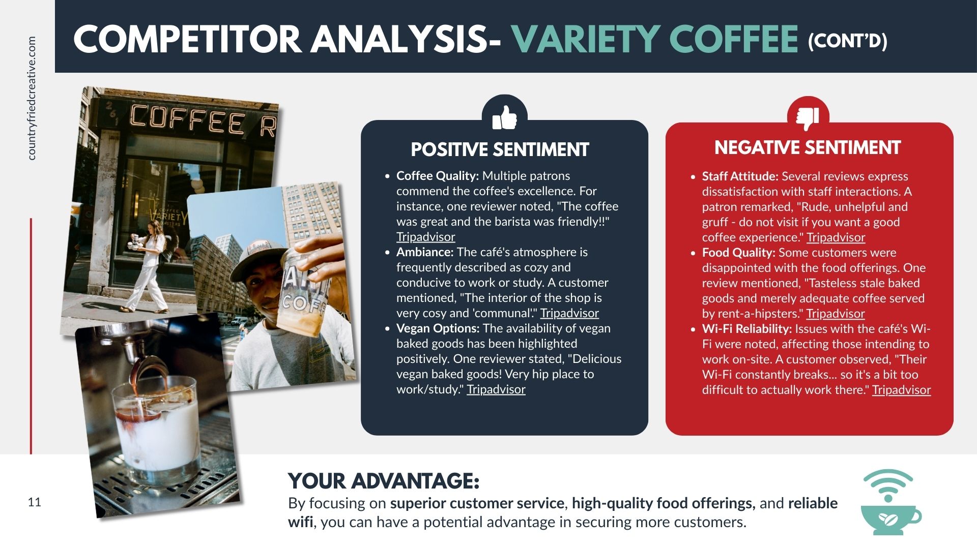 A slide analyzing competitor feedback with columns for positive and negative sentiment, and a "Your Advantage" summary.