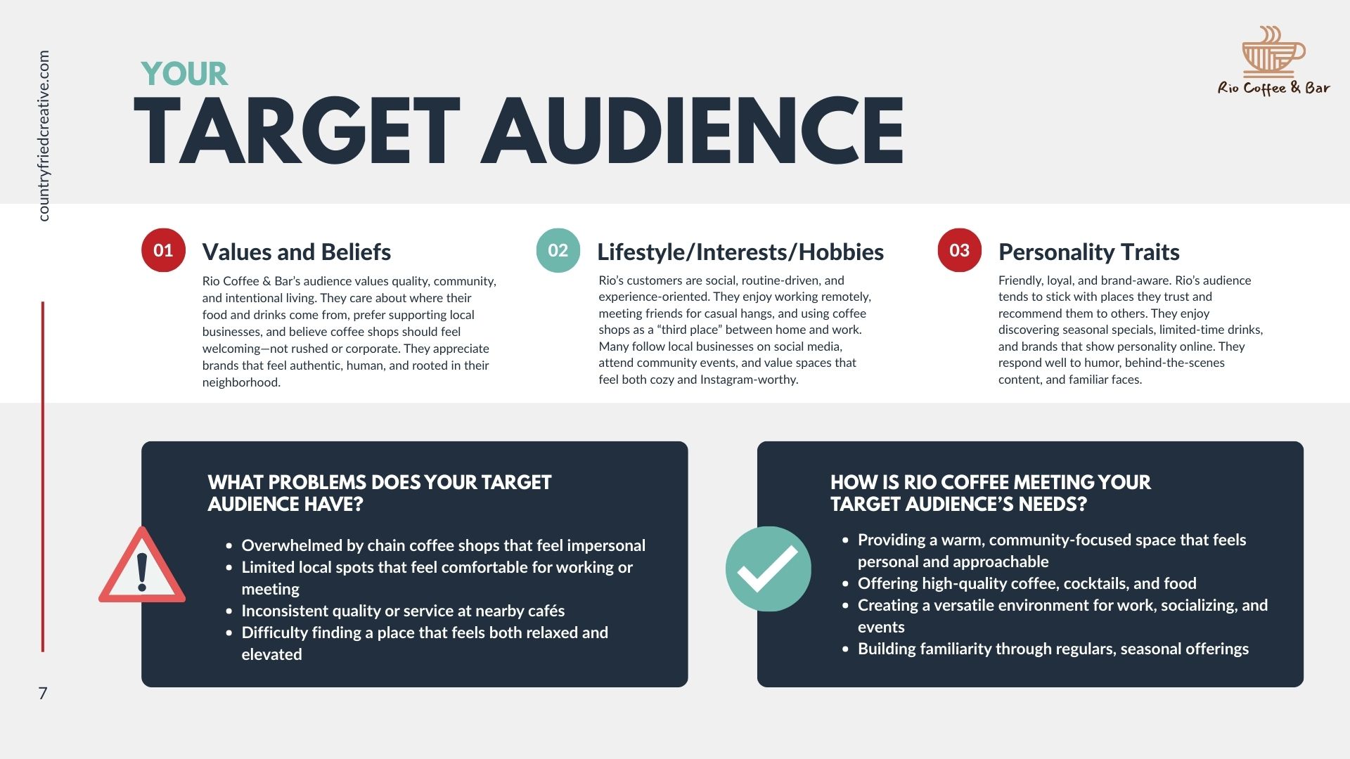 A marketing plan slide detailing a target audience for Rio Coffee & Bar, broken down into values, lifestyle, and personality traits.