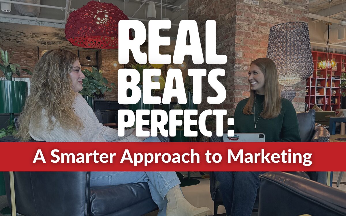 A featured image for the Real Beats Perfect blog featuring Kylee Veres and Christina Colantonio sitting in an office setting with the title overlaid.